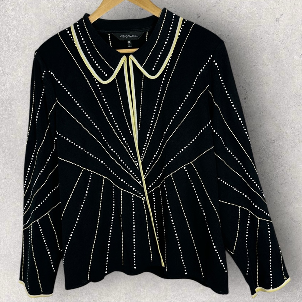 Ming Wang Black Geometric Print Blazer‎ Jacket Womens Size XL Bling Party Coat